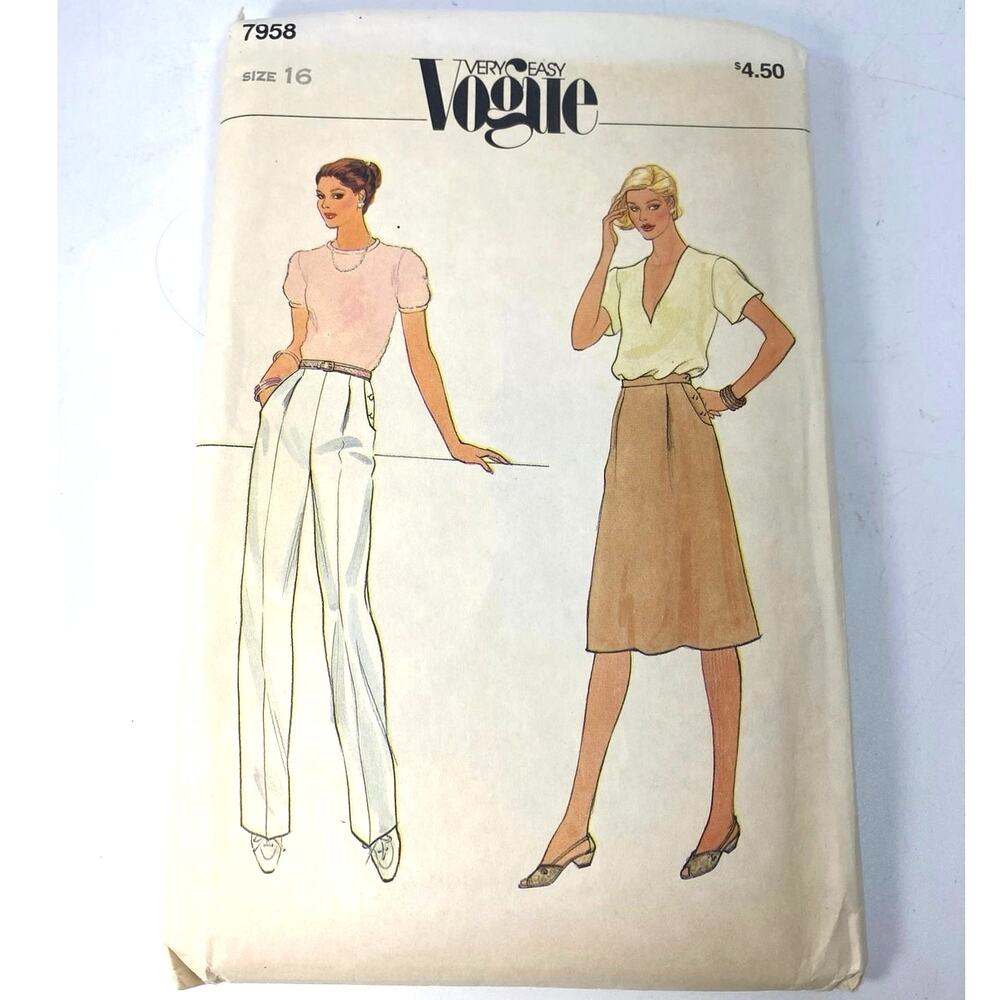 Vintage 80s Vogue 7958 Skirt Pants Sewing Pattern Sz 16 W 30" Academia UC FF OOP